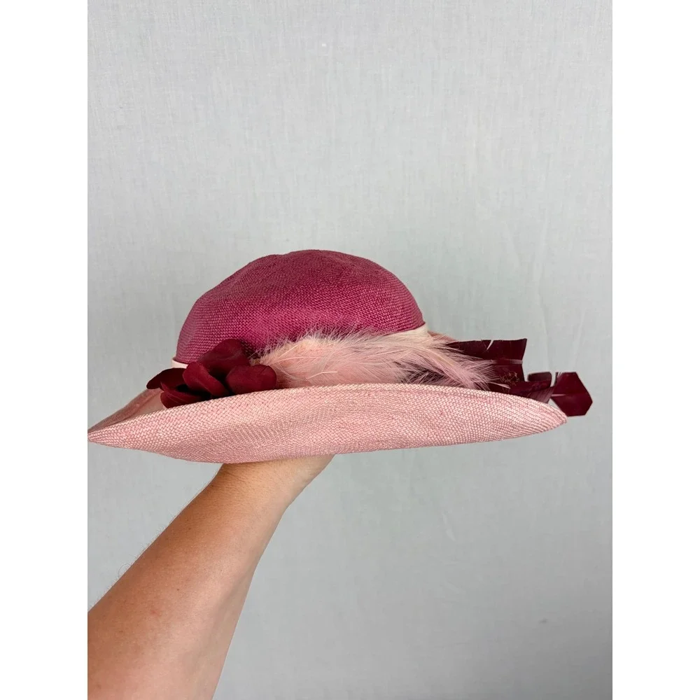 Vintage Mr Charles Pink Straw Sun Hat Feather Flower Wide Brim Church Wedding